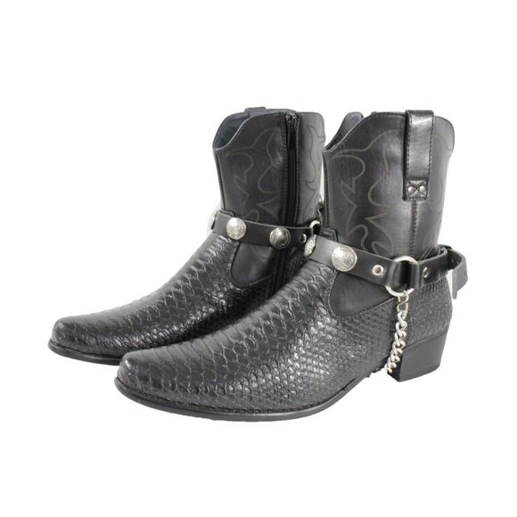 Men Boots Chains Pair Black Faux Leather Strap Native American Charm Motorcycle